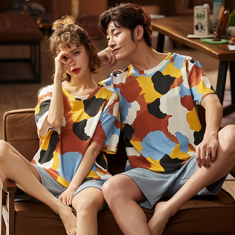 Yuan Summer Couples Pajamas Round Collar Sweet Cartoon Pure Cotton Short Sleeve Shorts Home Wear Pyjamas For Men Women