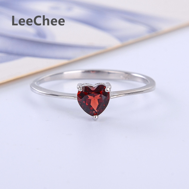 LeeChee 100% Natürliche Granat Ring 925 Sterling Silber Weinrot Edelstein FineJewelry für Frauen 0,5 ct Birthstone Herz-Förmigen