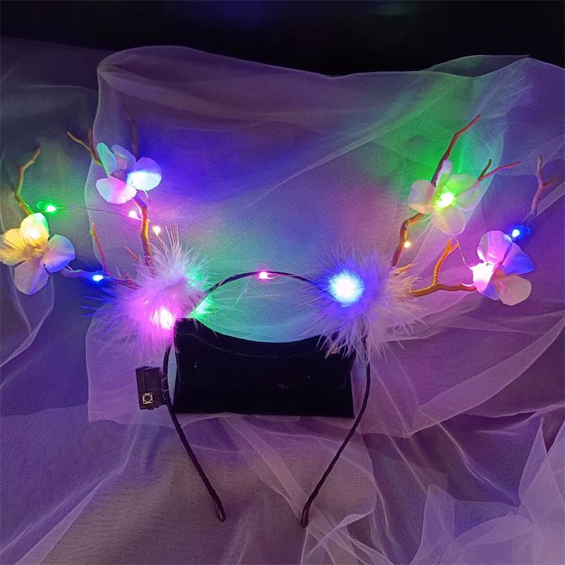 Bandeau en bois lumineux, serre-tête de noël, oreilles de chat, élan, baies, accessoires pour cheveux, scénique, spectacle Photo,