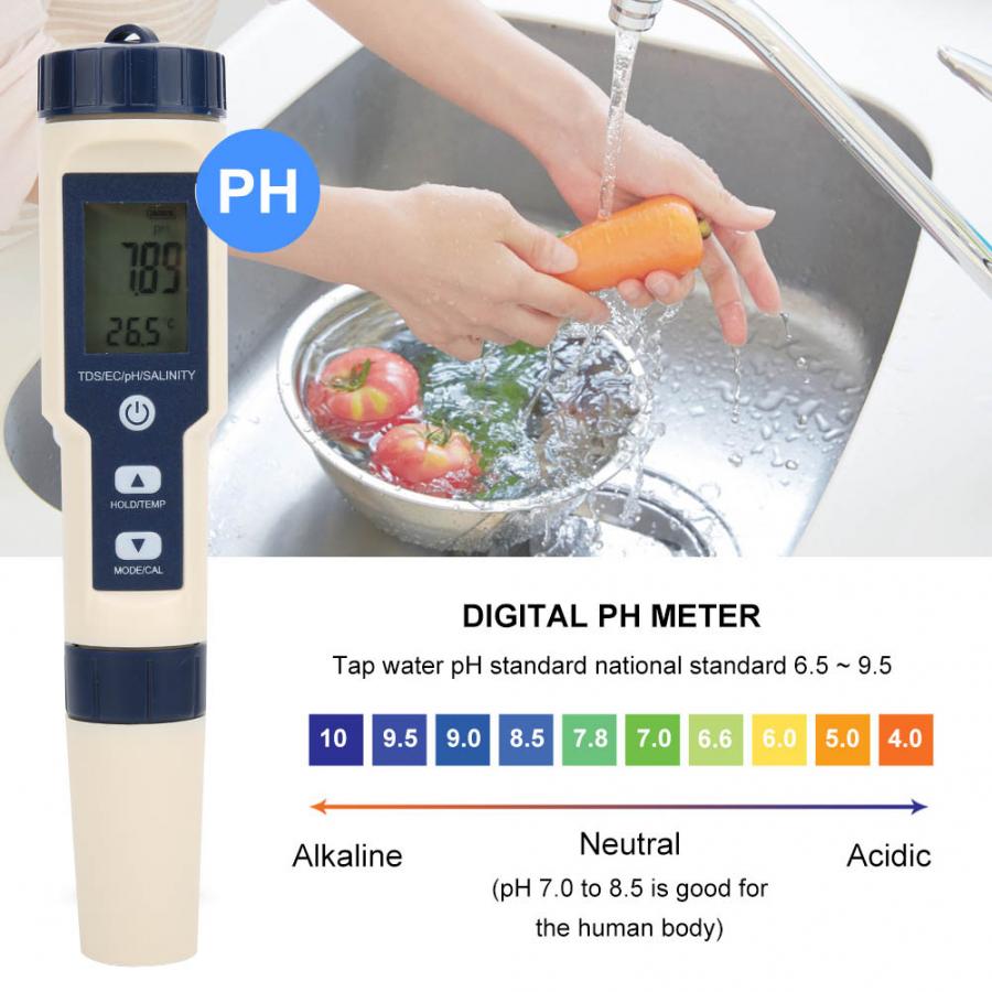 Draagbare Digitale Ph Meter 5 In 1 Ph/Zoutgehalte/Temp/Tds/Ec Meter Multifunctionele Water tester Detector