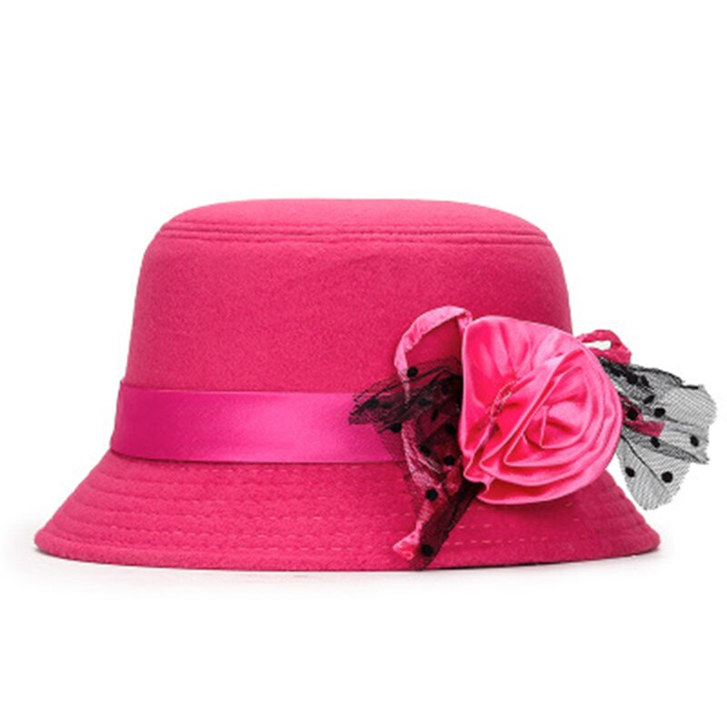 Ladies Formal Fedora Bowler Hats Vintage Women Hat Imitation Woolen Flower Autumn Winter Keep Warm Bucket Cap