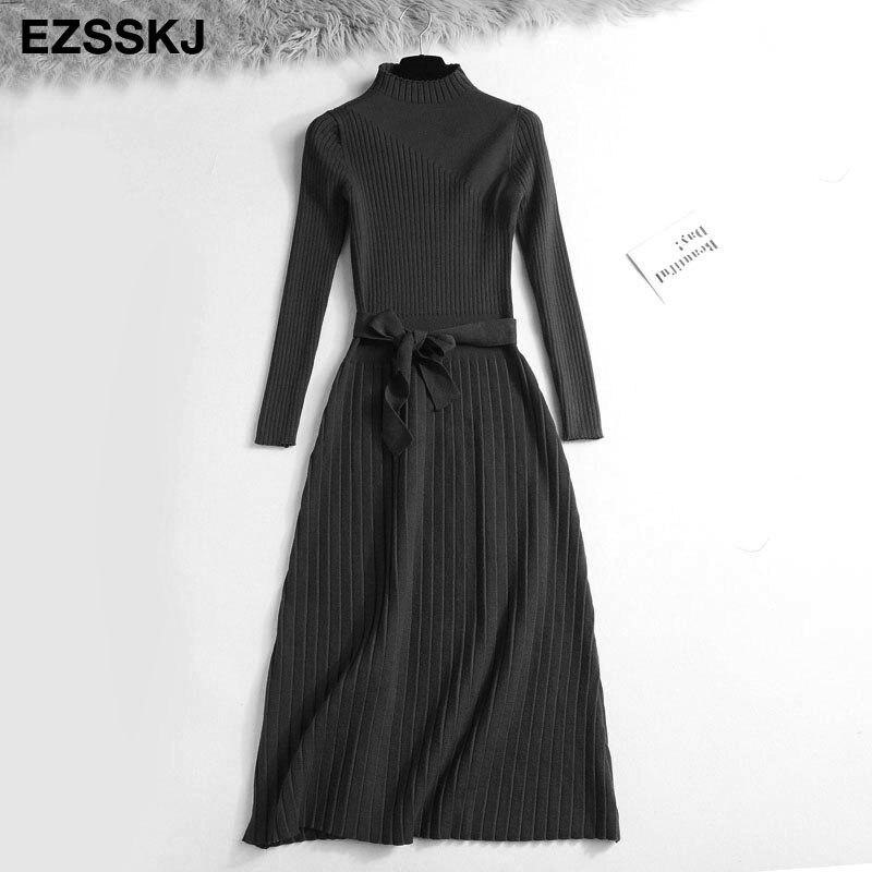 herfst winter maxi trui jurk vrouwen lange mouw OL vrouwelijke lange trui jurk met riem elegante a-lijn solid slim jurk: Black