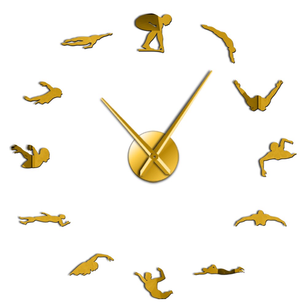 Reloj de pared grande con tema de natación, moderno, bricolaje, con espejo de natación, pegatina, números, arte decorativo para pared de piscina, para nadador: Gold / 47 Inch
