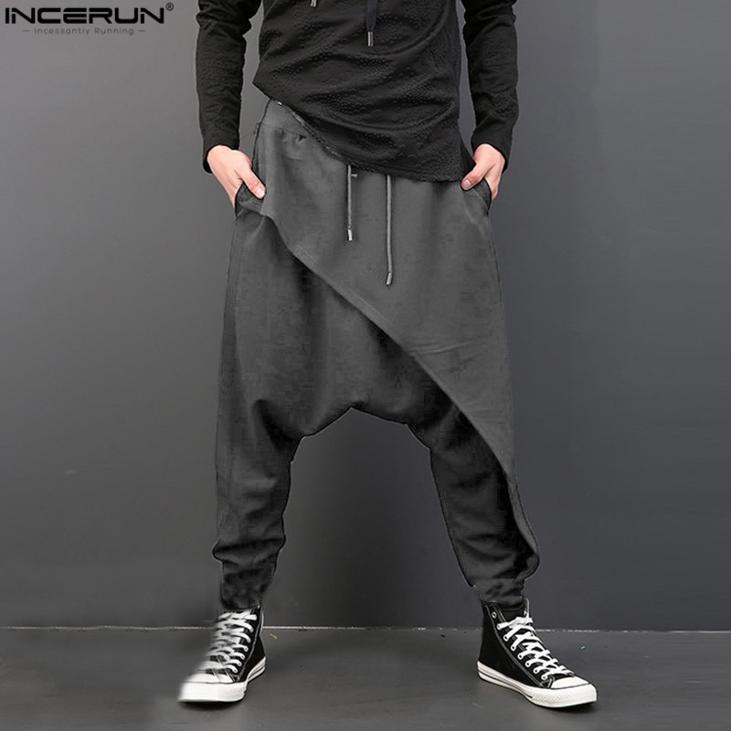 Incerun baggy byxor herr lösa grenbyxor hip-hop dansbyxor herr harem byxor pantalon hombre plus size: Mörkgrå / Xl