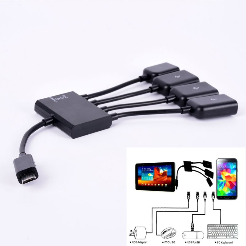 multifunctionele USB 2.0 4 in 1 Micro USB Host OTG Lading Hub Cord Adapter Splitter voor Android smartphones Tablet Zwart Kabel