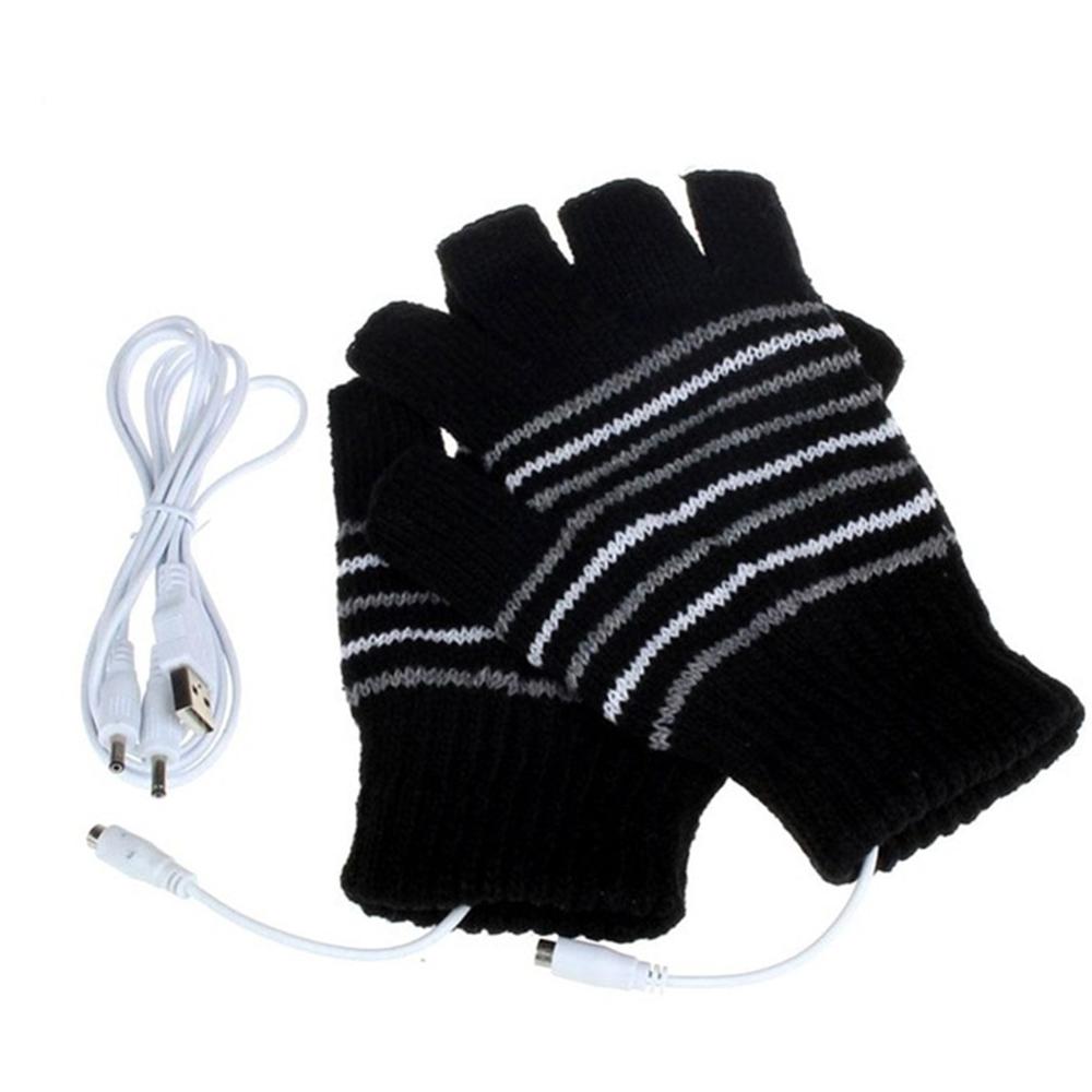 Vinter stickade handskar usb uppvärmda halvfinger handskar tvättbara fingerfria: Svart