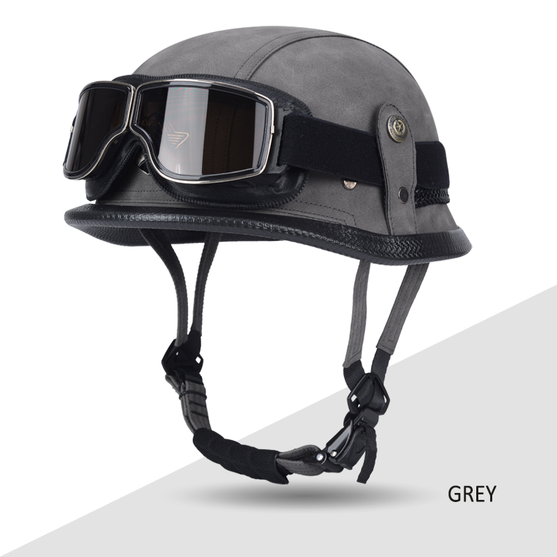 De oorlog II Duitse M35 halfshell handgemaakte lederen helm voor heren dames met Halley Goggle Skull Cap voor Cruiser Scooter Chopper