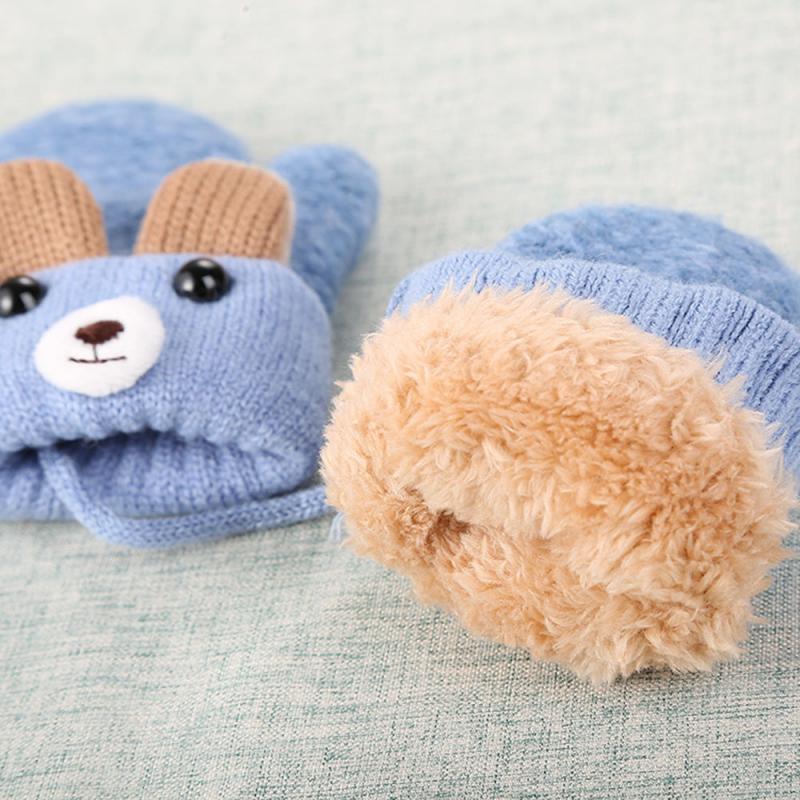 0-3 Years Old Cute Bear Cartoon Baby Gloves Winter Knit Wool Newborn Mittens Velvet Thick Children's Kids Keep Finge