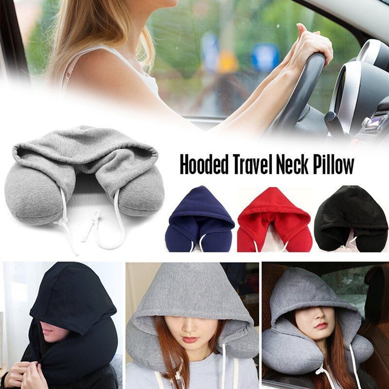 Zachte Hooded U-Kussen Body Nekkussen Solid Grey Dutje Katoen Deeltje Kussen Textiel Thuis Vliegtuig Auto Reizen Kussen accessoires