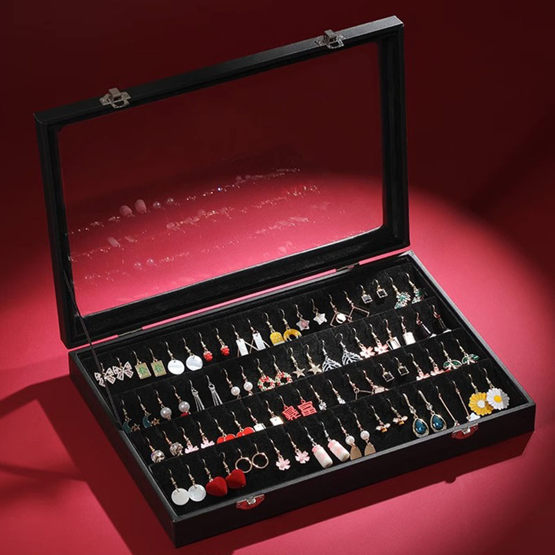 Boîte de rangement pour boucles d'oreilles, couvercle transparent en velours, 32 paires de boucles d'oreilles, plateau à clous, vitrine: BLANC