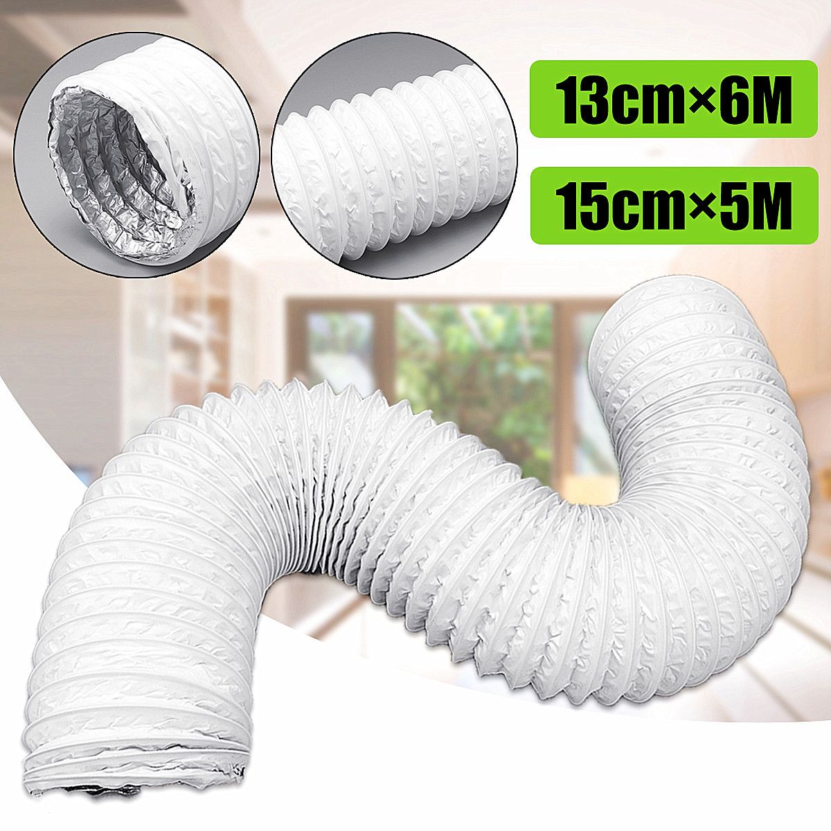 5m/6m fleksible klimaanlegg eksosslange ventilasjonsrør 150/130mm diameter