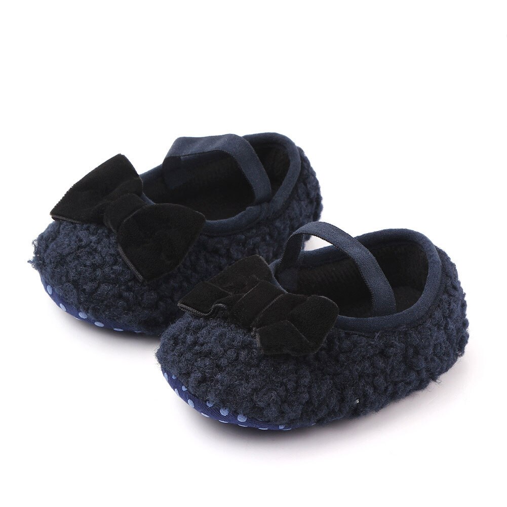 Baby Boys Girls Fleece Slippers Soft Sole Crib Shoes With Bow Anti-Slip Fleece Solid Color Toddler First Walker Shoes: Blue / 13-18 Months
