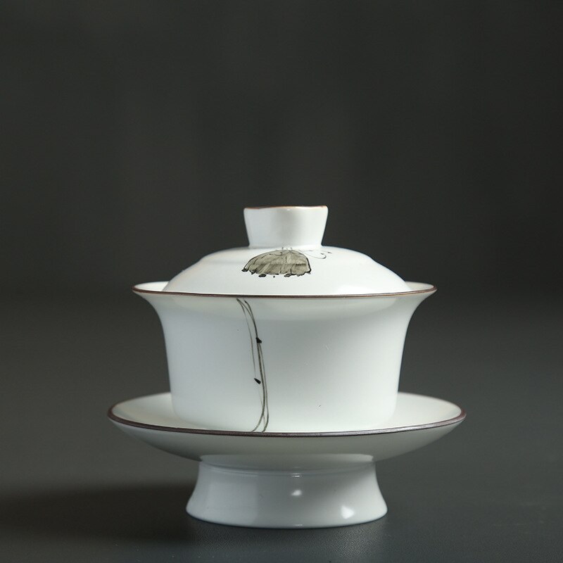 Håndmalet lotus keramik porcelæn gaiwan kinesisk kung fu te sæt testel terrin sancai te kop pu'er kedel