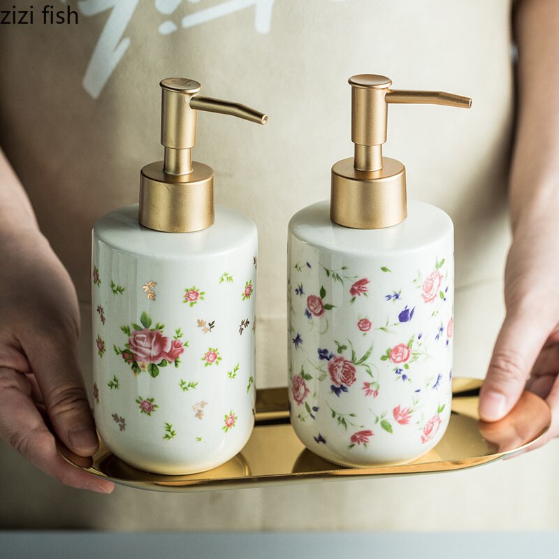 American Retro Rose Pattern Ceramic Soap Dispenser Bathroom Shampoo Moisture Bottling Household Push Type Soap Dispenser Decor