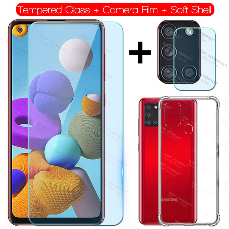 Lente de cámara 3 en 1, cristal protector para Samsung Galaxy A21s A21 s A 21 s SM-A217F/DSN SM-A217F/DS, funda de silicona suave de TPU transparente: 3 in 1