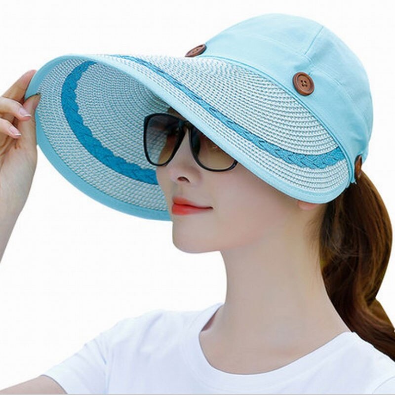 Ymsaid hatte kvinder bred stor skygge floppy sommer strand sol hat stråhat knap kasket sommer hatte kvindelig anti-uv visir cap