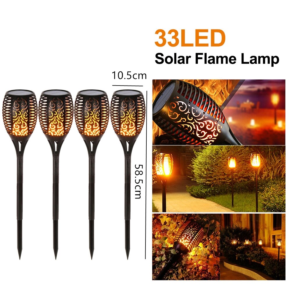Led solar flamme fakkel lampe udendørs solar lamper til haveindretning lys flimrende lampe gårdhave balkon græsplæne sti spotlight: 33 led -4 stk
