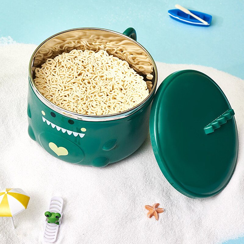 Bol à nouilles Ramen dinosaure Kawaii, bol à salade de fruits avec couvercle en acier inoxydable