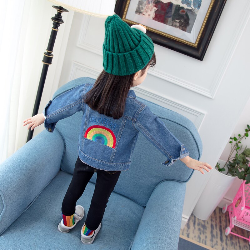 Del bambino del Denim Delle Ragazze Tute E Salopette Autunno Bambini Jean Giubbotti Arcobaleno Stampa Vestiti Per Ragazze Casual Bambini Torna A Scuola Outfit 2 4 6 7 8