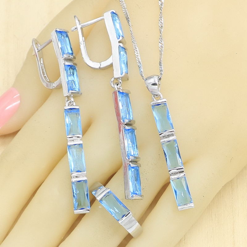 Sky Blue Halfedelstenen Sieraden Sets Voor Vrouwen Armband Lange Oorbellen Ringen Ketting Hanger Box: 3PCS / 9