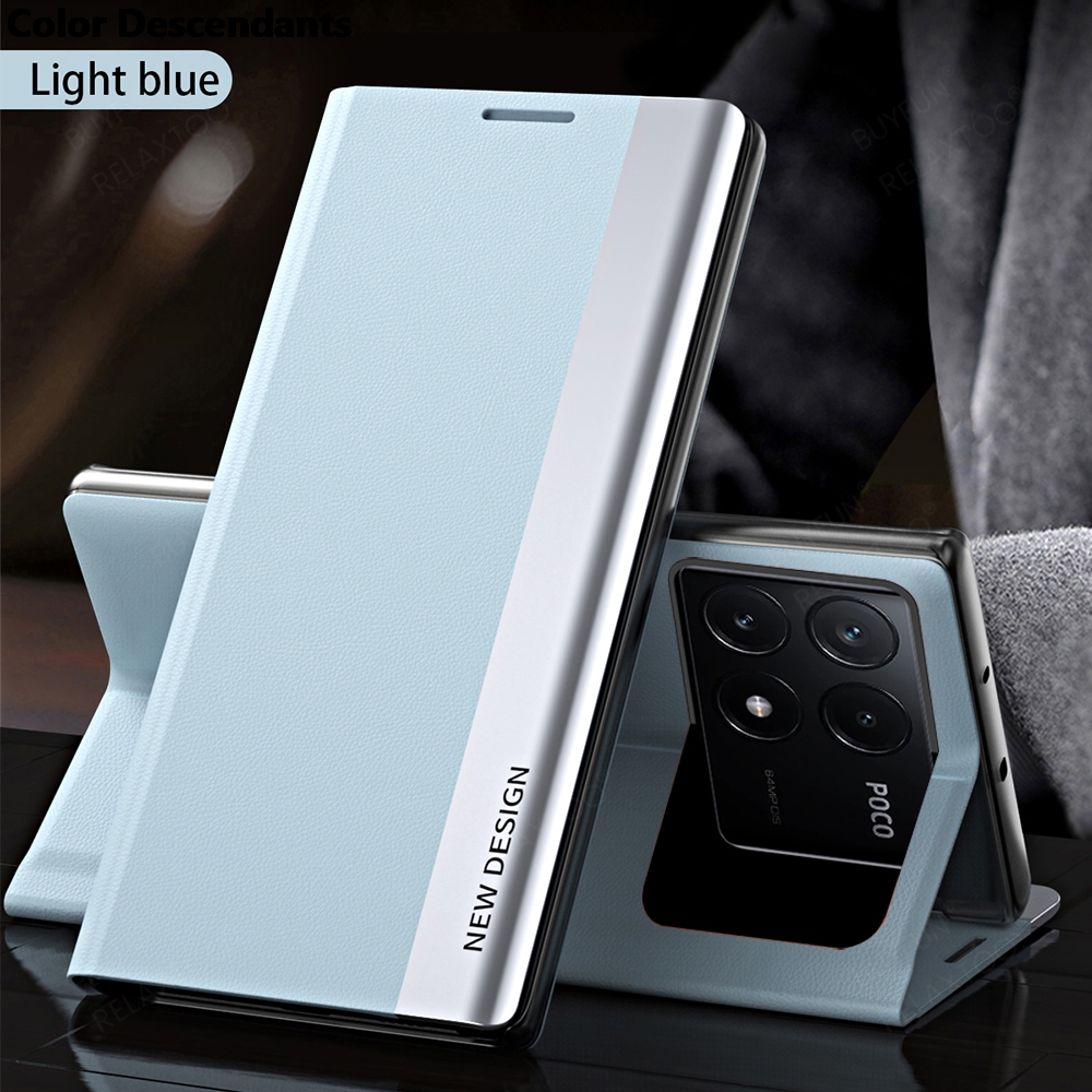 För poco  x6 pro 5g fodral i bokomslag, elektropläterat läder, flipfodral, pocox 6, poco little  x 6 x6 pro 6x, magnetiskt hållare, stativ: Magmuskler / Himmelsblå