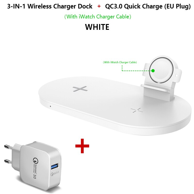 Qi Wireless Charger 3in1 15W (MAX) Fast Charging Stand Dock for Apple Watch 5 4 Airpods 2 3 Wireless Charge for iPhone Samsung: QC3.0 Watch White