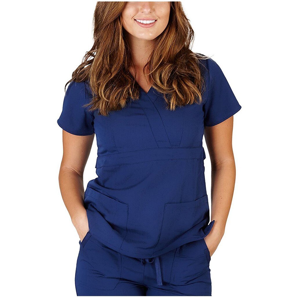 Women Short Sleeve V-neck Nursing Uniform Soft T-shirt Tops with Pocket uniformes clinicos mujer костюм медицинский: B / L