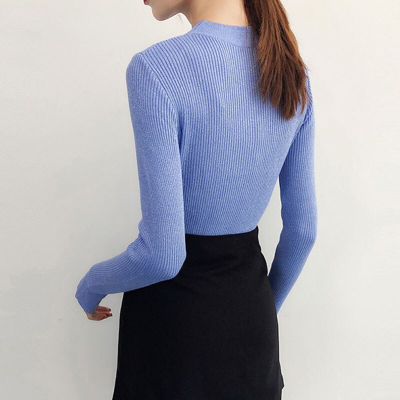 Suéter de lurex brillante para otoño e invierno, jersey de manga larga para mujer, suéteres básicos de cuello alto, tops de punto de estilo coreano para mujer