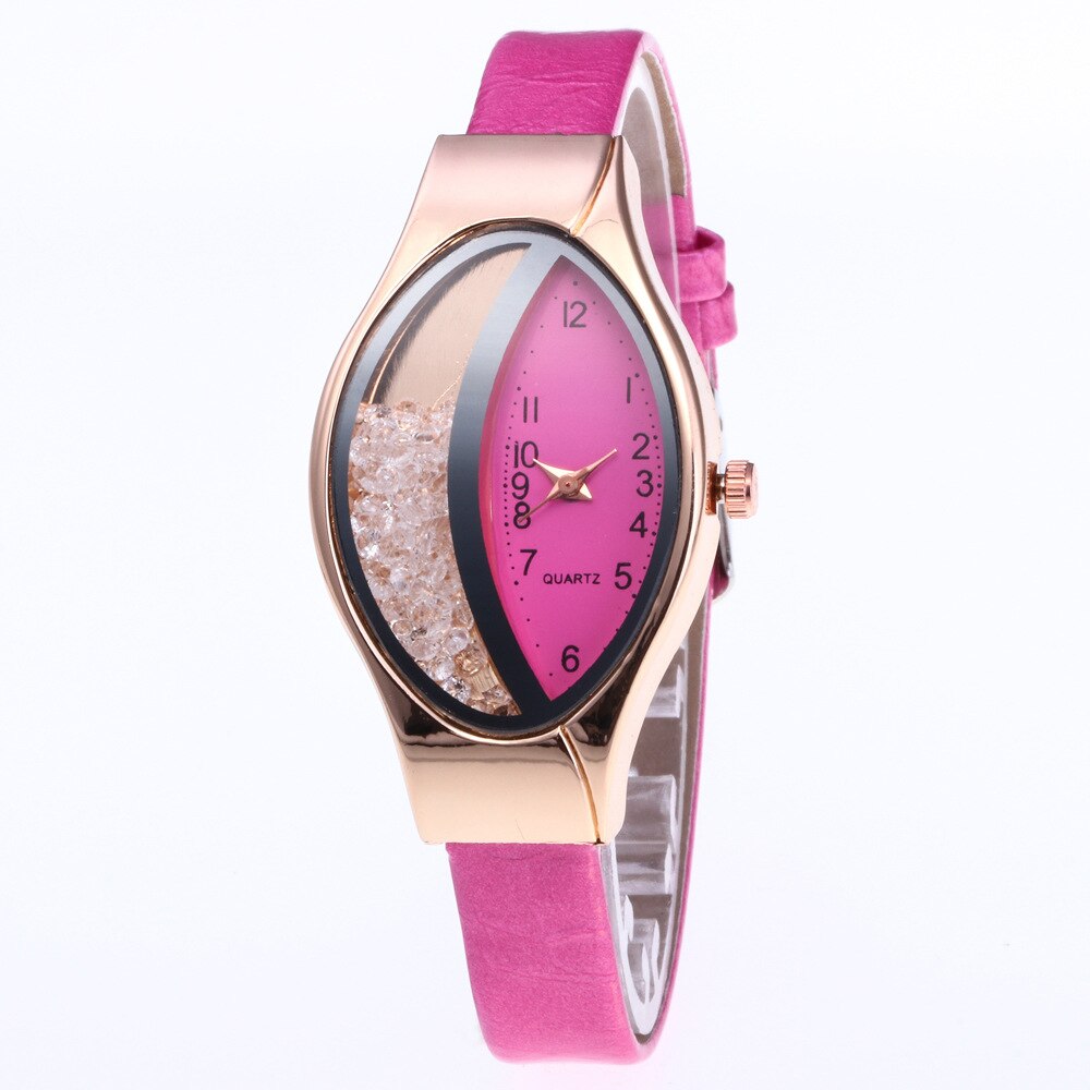 Unique Ladies Quartz Movement Watch Oval Half Moon Dial Half-side Rhinestone Ball Quicksand for Woman Leather Strap: Rose Red