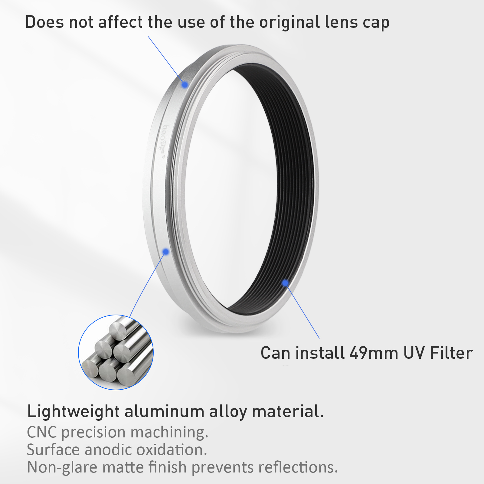 Haoge Lens Filter Adapter Ring for Fujifilm Fuji X100VI X100V Camera fit 49mm UV CPL ND Filter Lens Cap Replace AR-X100 Silver