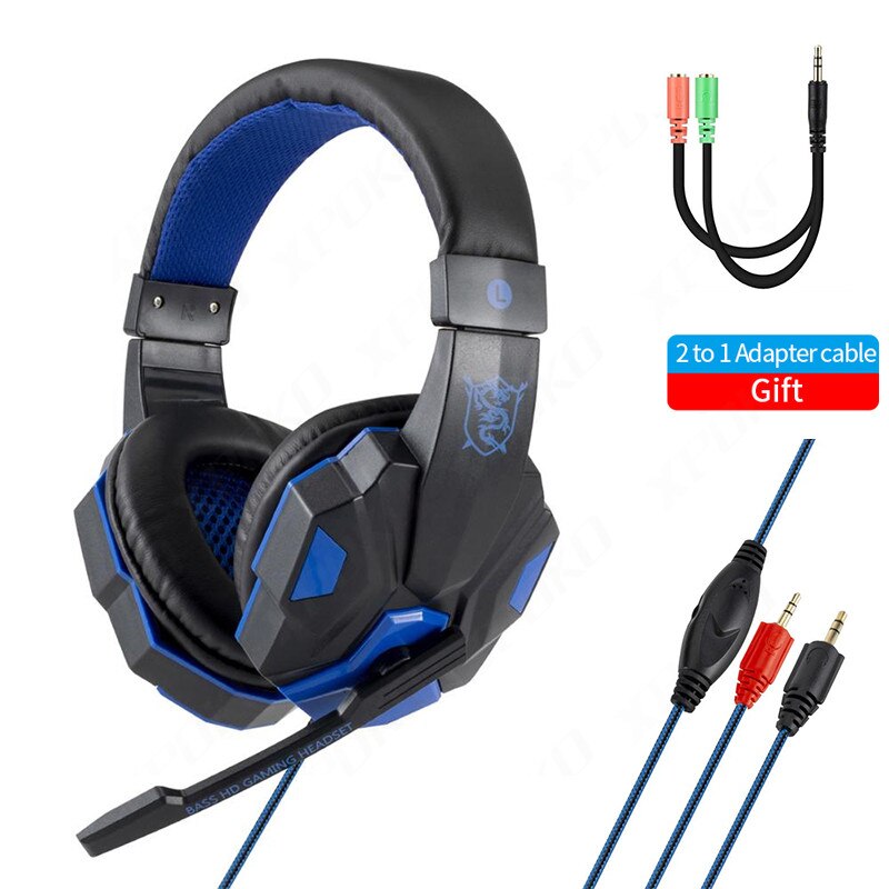 Com fio fone de ouvido gamer fones de ouvido led luz 3.5mm isolamento ruído fone de ouvido com controle volume microfone para computador portátil ps4: Black Blue No Light