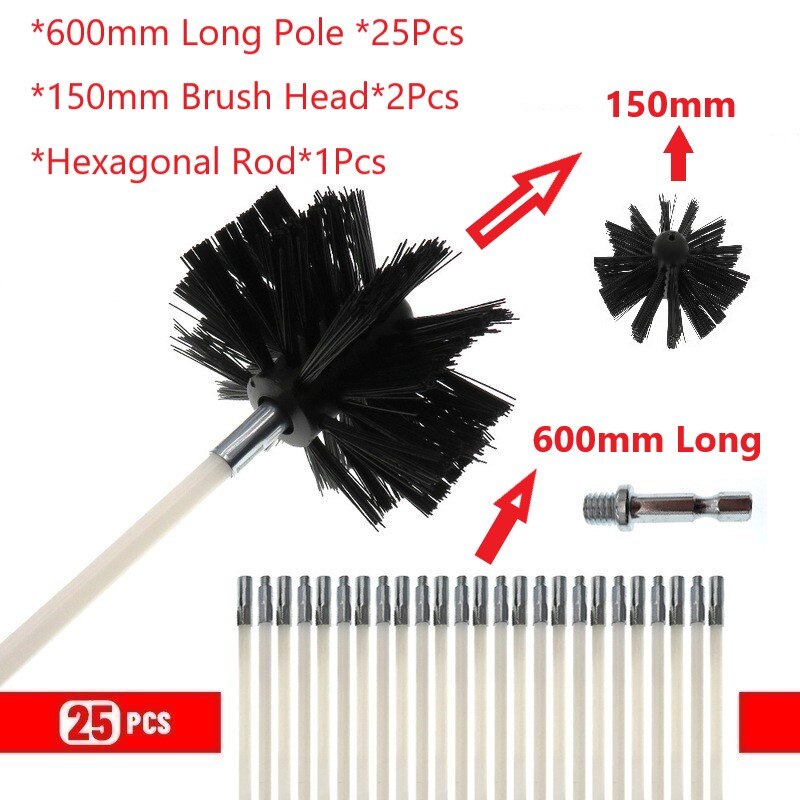 150mm Rotary Chimney Brush Long Handle Flexible Rod For Chimney, Dryer Pipe，Fireplace Inner Wall And Roof Cleaning Tools: 25Pcs 600mm Pole