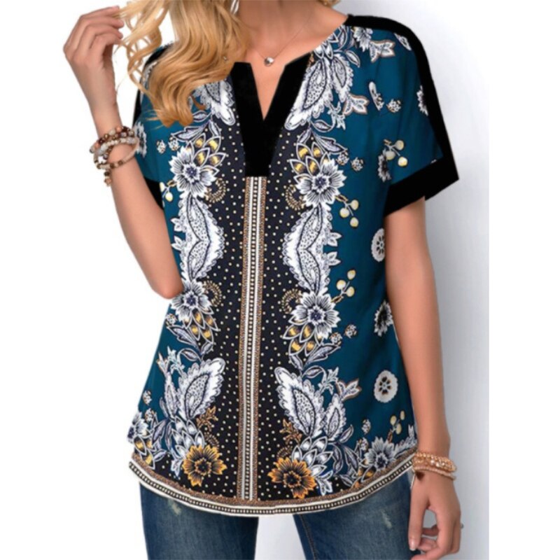 2022 Summer Street Hipster V-neck Personality Print Patchwork Short Sleeve Loose Casual T-shirt Top Women Oversized Tee