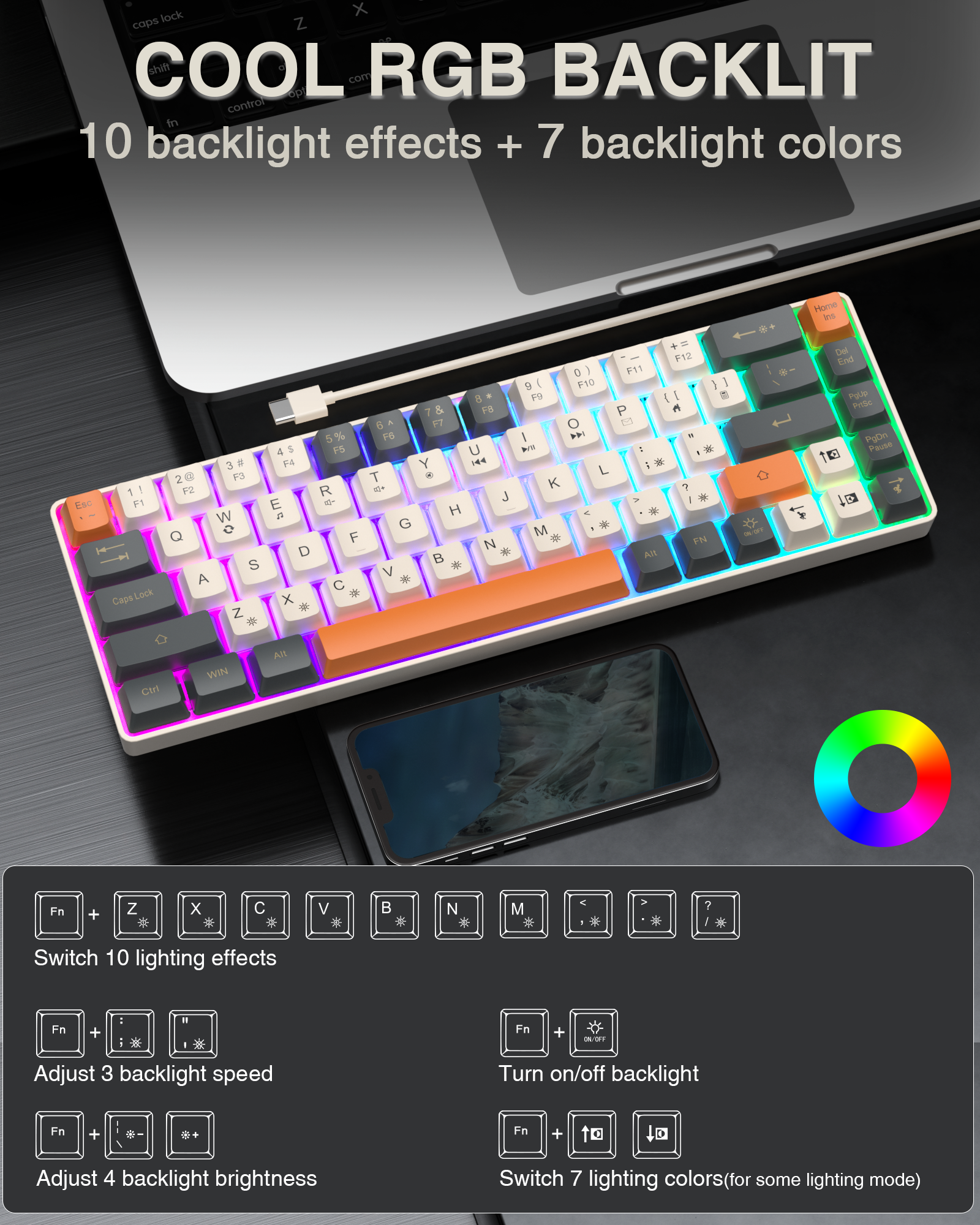 SOLAKAKA SK968 Wired Keyboard Cool RGB Backlit Ergonomic Portable Keyboards Membrane Keyboard for PC Laptop