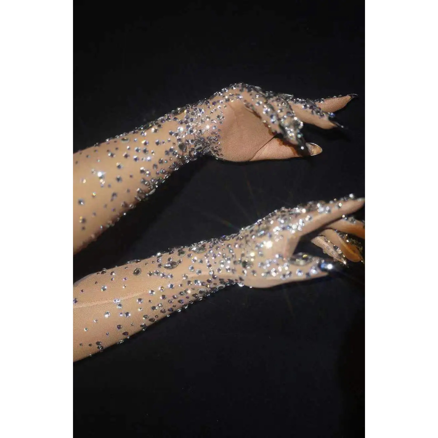 Women Sparkly Luxurious Stretch Rhinestones Long Gloves Crystal Mesh Gloves Dancer Singer Party Nightclub Stage Show Accessories