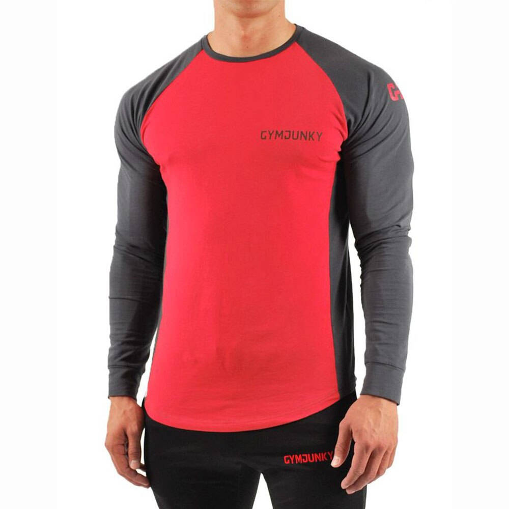 Camiseta de gimnasio para hombre, camisa de manga larga para entrenamiento de culturismo, informal, de algodón suave, ropa interior deportiva: L / red