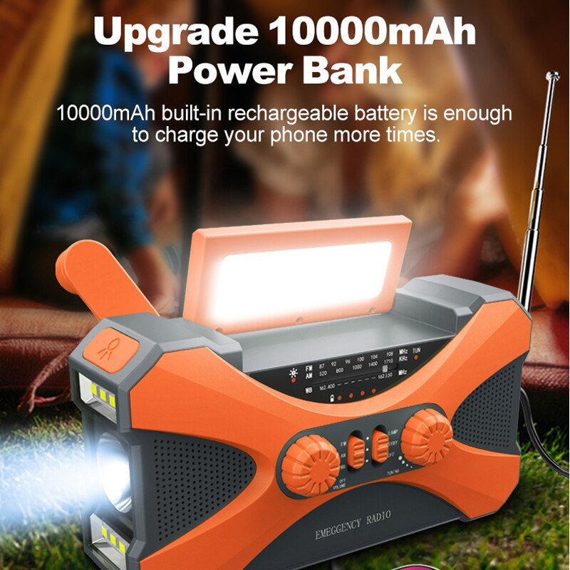 Portable Radio Hand Crank AM/FM/NOAA Emergency 3-in-1 Reading Lamp Flashlight Solar Charging 10000mAh Power Bank Support SOS