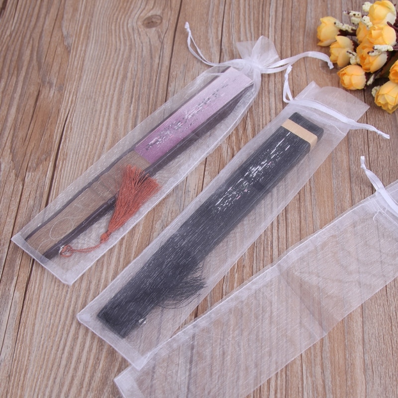 50 Pcs White Drawstring Organza Folding Hand Fan Pouch Party Wedding Bags