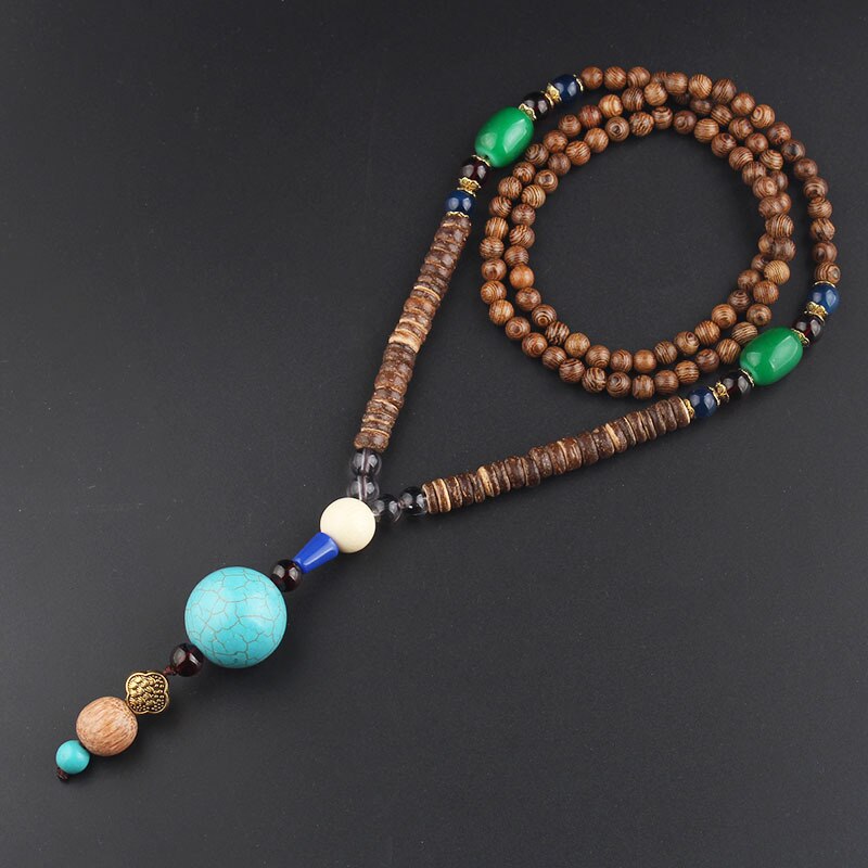 Collier unisexe fait à la main, bouddhiste du népal, pendentif de perles en bois de Mala, collier ethnique corne de poisson, Long bijoux pour hommes et femmes