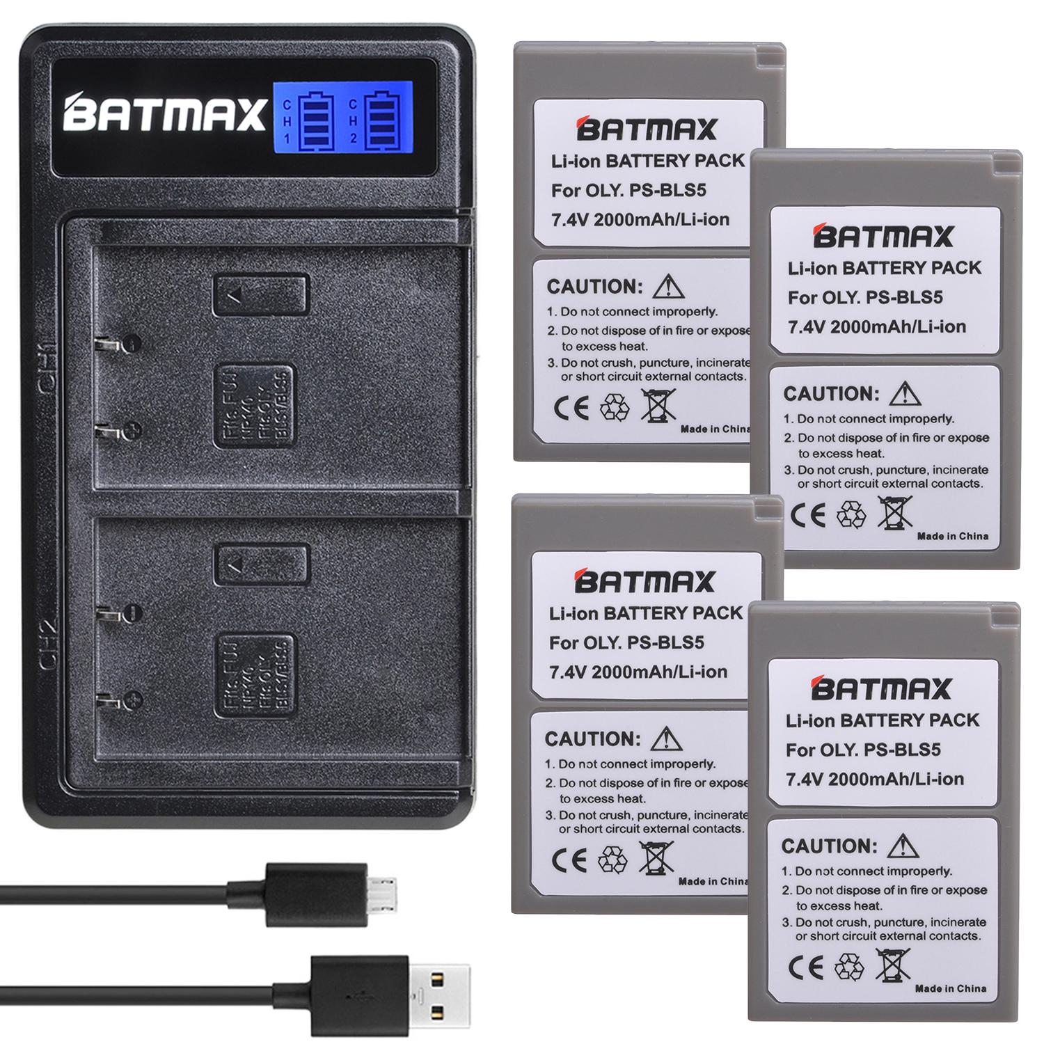4Pc 2000mAh PS-BLS5 BLS-5 BLS50 bateria + podwójna ładowarka USB dla Olympus E-PL7,E-PM2, OM-D E-M10, E-M10 II, Stylus1: WHITE