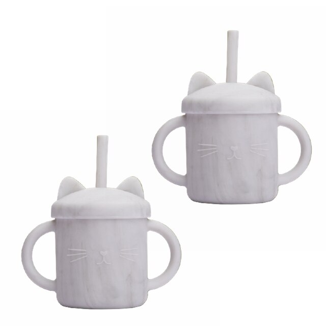 2PCS Baby Feeding Cups Silicone Drinkware Cute Cartoon Cat Sippy Cup For Toddlers Kids Sippy Cup Lids Solid With Handle Drinker: 2PcsMarble