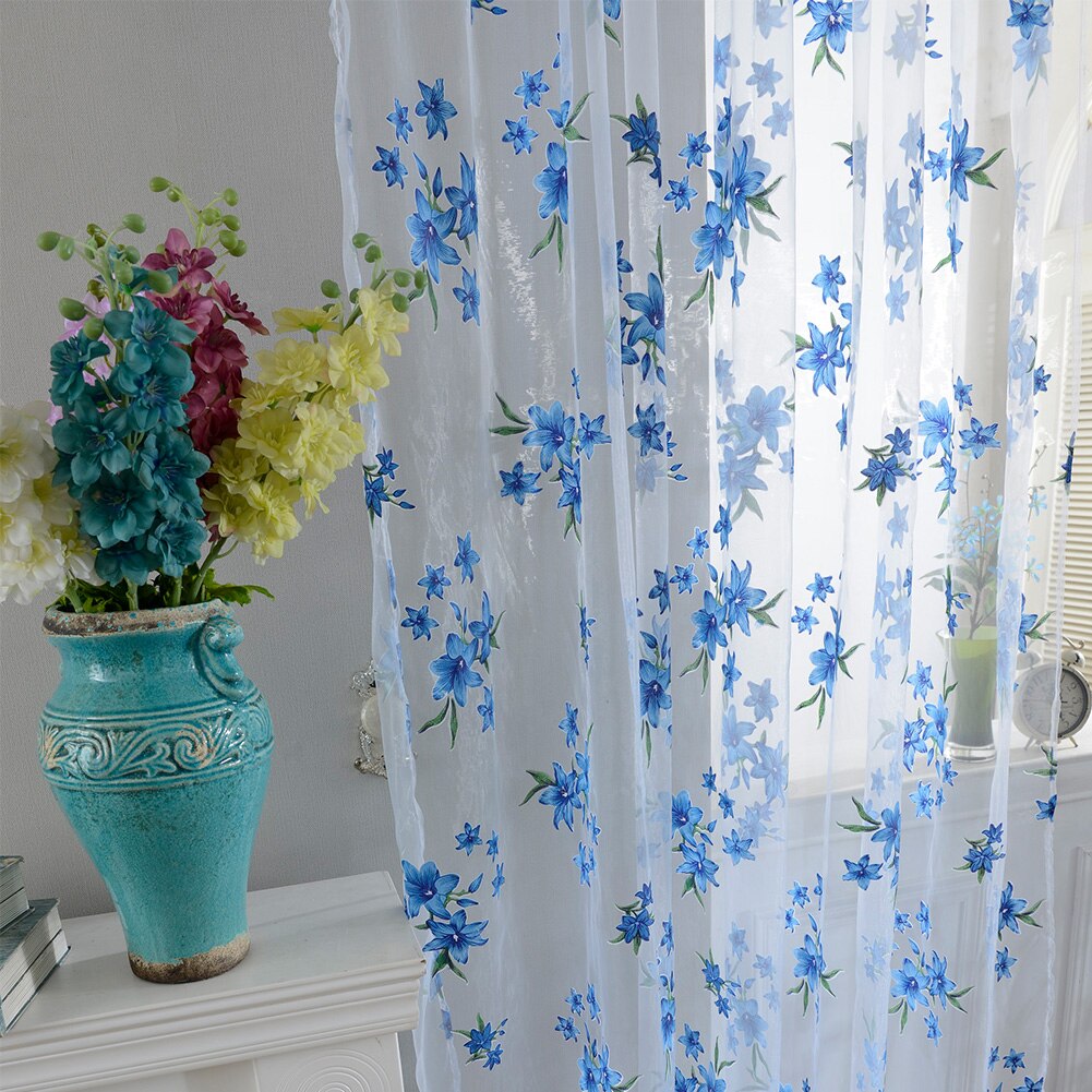 Sheer Curtains Floral Printed Semi-Transparent Curtains Eyelet Voile Floral Curtains For Home Living Room Decor Yellow 100x200cm