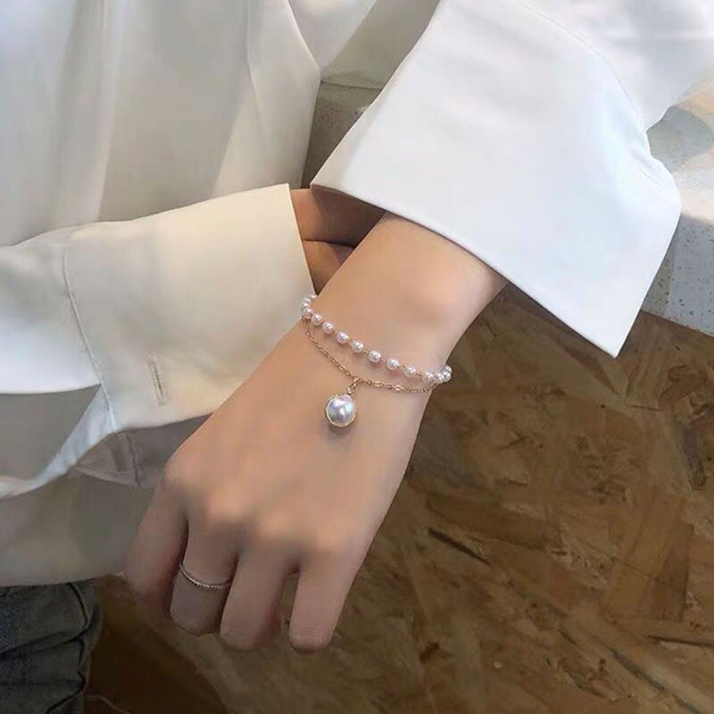 Netto Rode Eenvoudige Double Layer Imitatie Parel Armband Koude Wind Modieuze Armband Vrouwelijke Sieraden Accessoires Armband Femme: gold