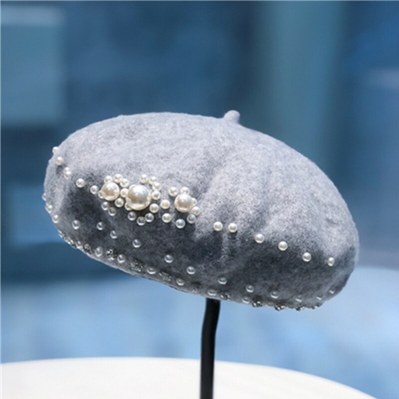 Béret noir rétro britannique pour femmes, automne et hiver, couleur pure, chapeau de peintre de perles en laine, chapeau de citrouille japonais à strass