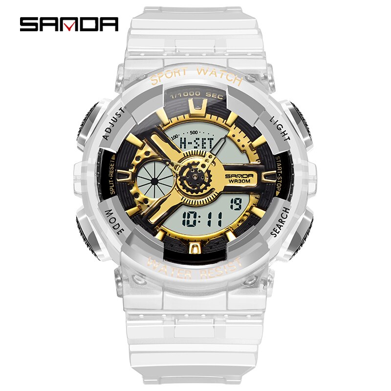 SANDA montre hommes et femmes montres transparentes étanche multi-fonction lumineux sport Double affichage Couple montre électronique: Gold