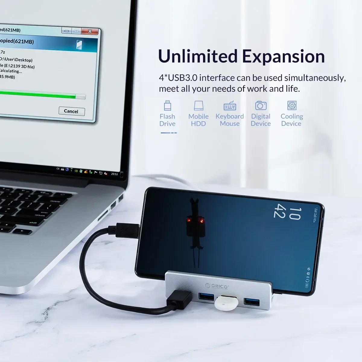 ORICO USB 3.0 Hub mit Netzteil USB3.0 Splitter Adapter Clip-Typ Multi Splitter Hochgeschwindigkeits-Datenübertragung für Laptop PC