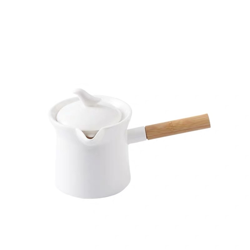 Hvid keramisk tekande japansk tekande til te og kaffe hvide porcelæn-tekander med træhåndtag mælkepotte med låg: 300ml