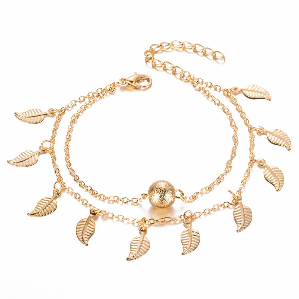 Bohemien Doppel Schicht Perlen Knöchel Armbinde für Frauen Bein Kette Leafs Quaste Fußkettchen Sommer Strand Fuß Schmuck Zubehör: Hellgelb Gold Farbe