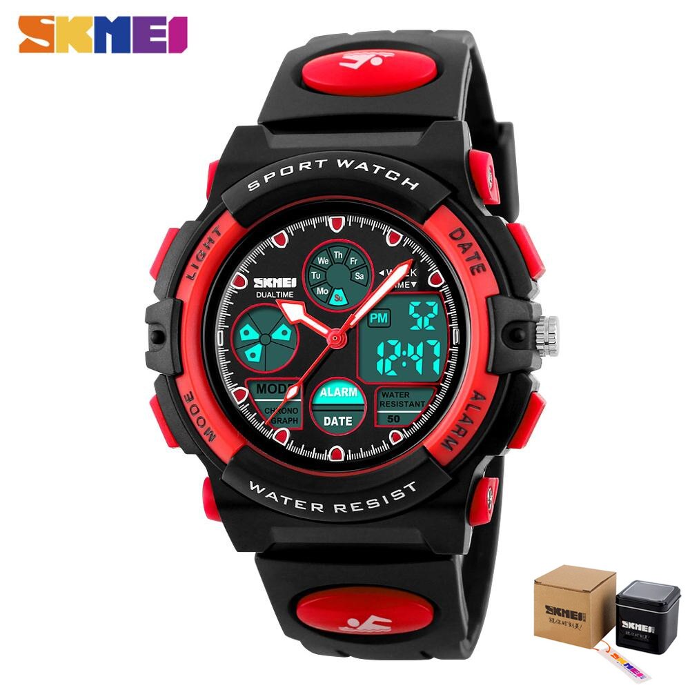 SKMEI 5Bar Waterproof Chronograph Luminous Children Digital Wrist Watch Kids Sport Watches Boys Girls Electronic Quartz Clock: red with box