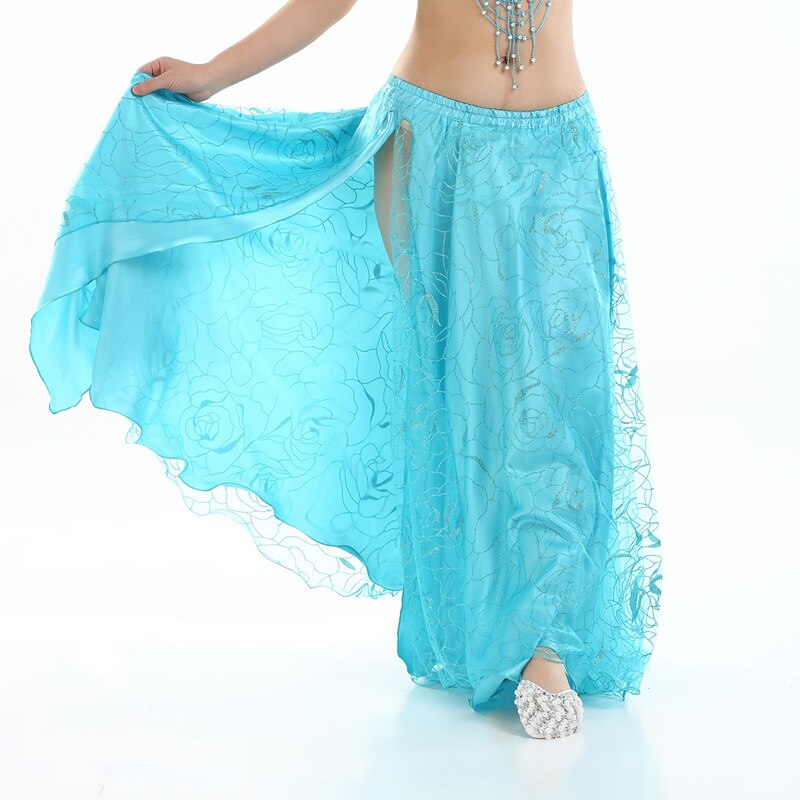 Nueva ropa de danza del vientre de las mujeres de 9 colores círculo completo Maxi falda Falda larga de pierna dividida 2 capas faldas de danza del vientre rosa